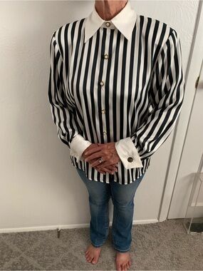 Vintage Bob Mackie Blouse Black White Vertical Striped Long Sleeve Petite 8